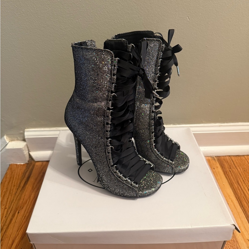 Steve Madden Black and Silver Heeled Boots